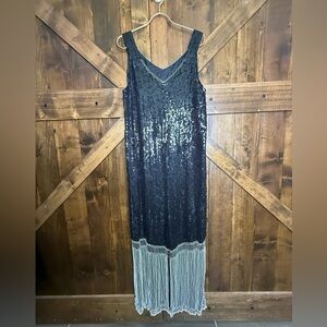 Vintage Judith Ann Black Silk Sequined Beaded Sleeveless Evening Dress 1X 16/18